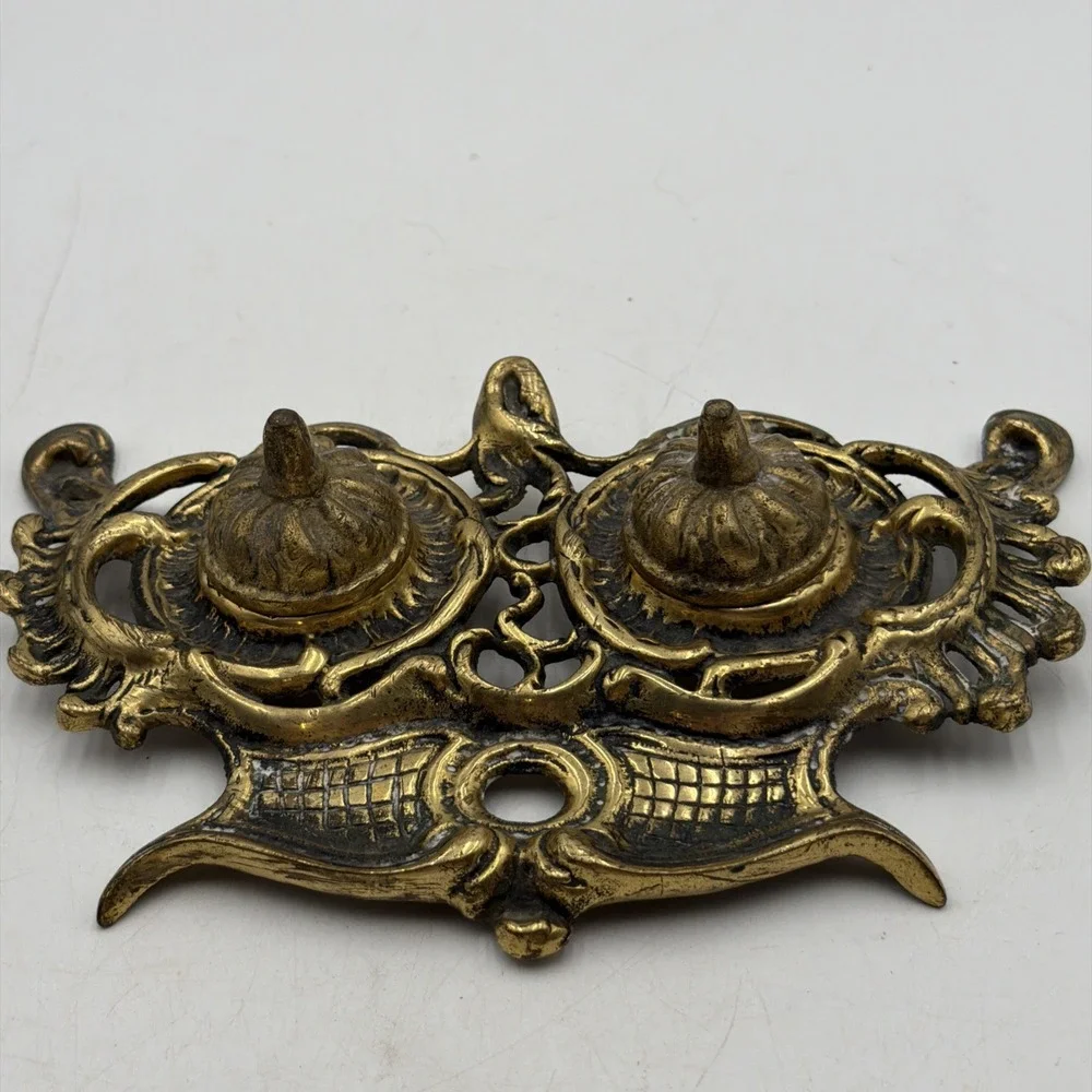 Vintage Double Ornate Brass Style Metal Inkwell JAPAN